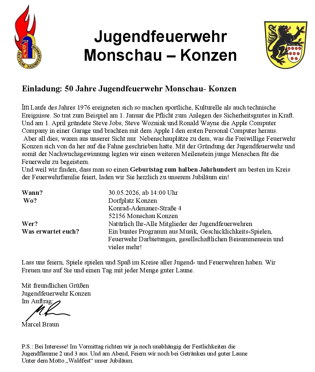 Einladung zur Jubiläumsfeier der Jugendfeuerwehr Konzen: 50 Jahre Jugendfeuerwehr